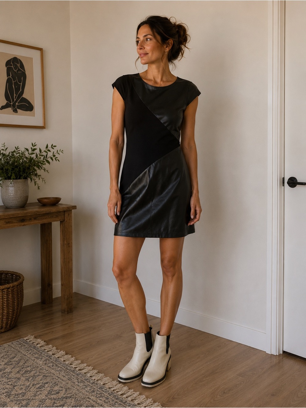 Bailey 44 Black Faux Leather-Panel Mini Dress